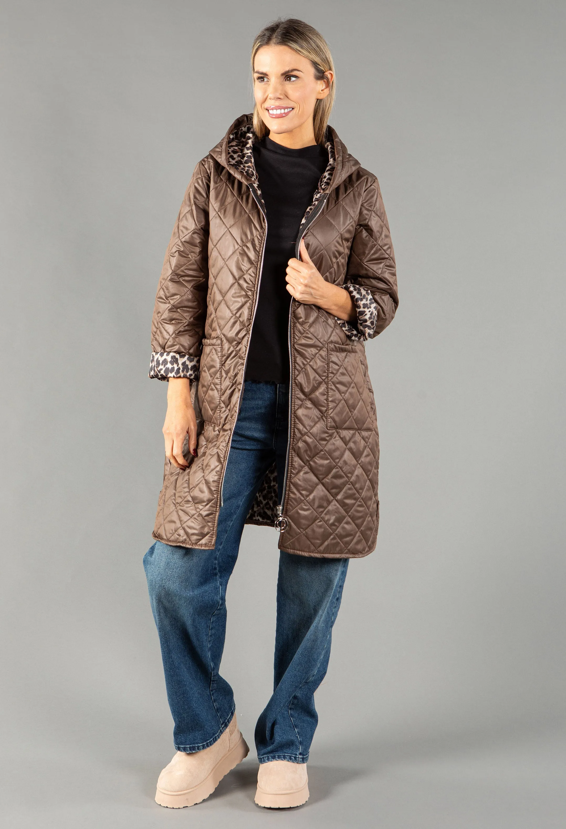 Quilted Coat with Leopard Lining