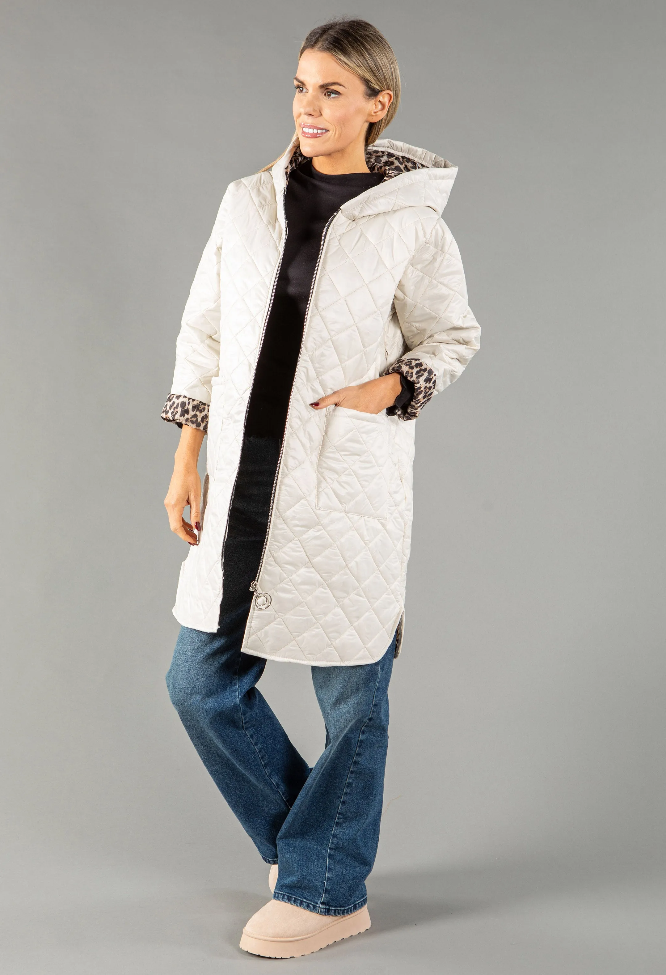 Quilted Coat with Leopard Lining