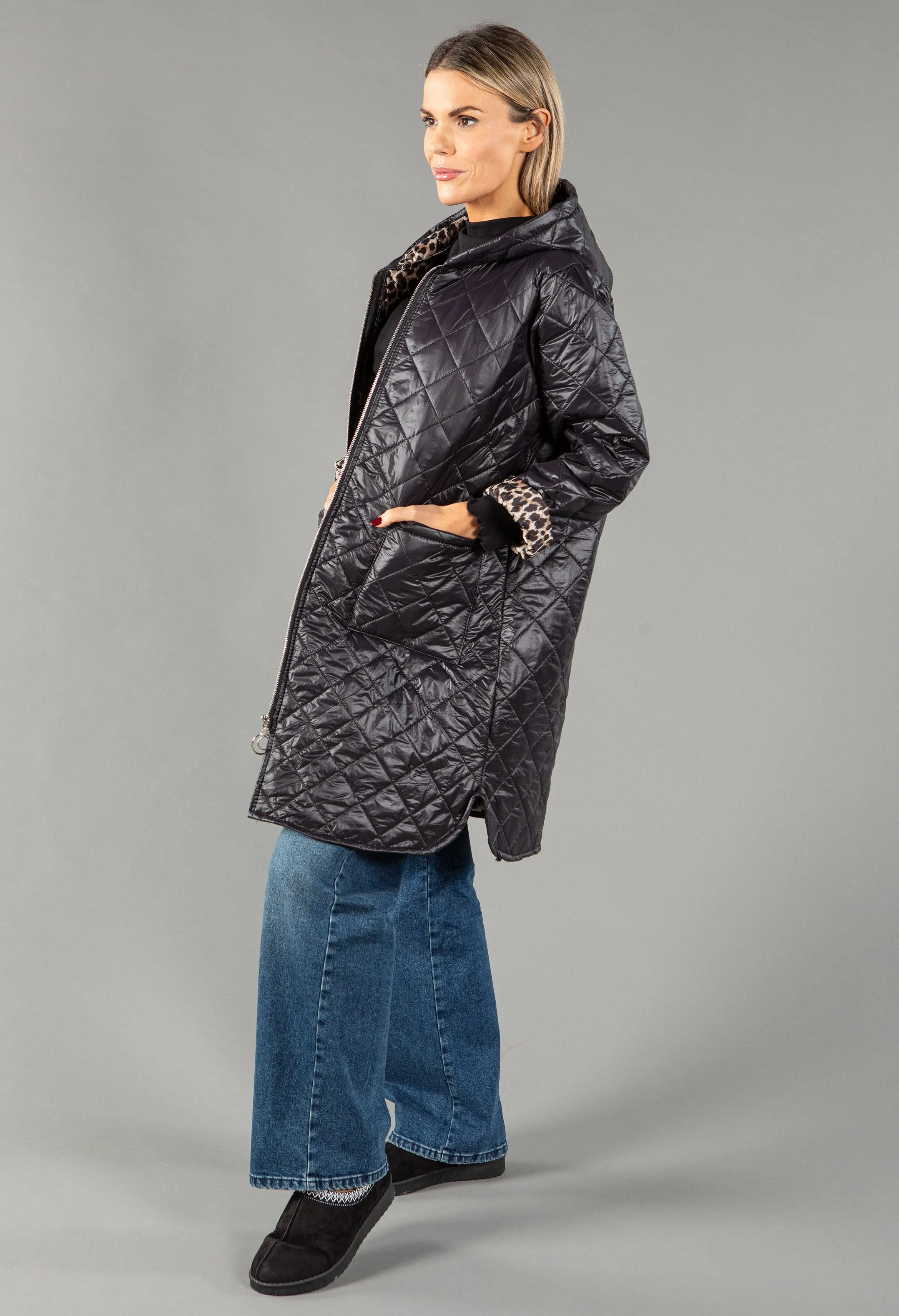 Quilted Coat with Leopard Lining