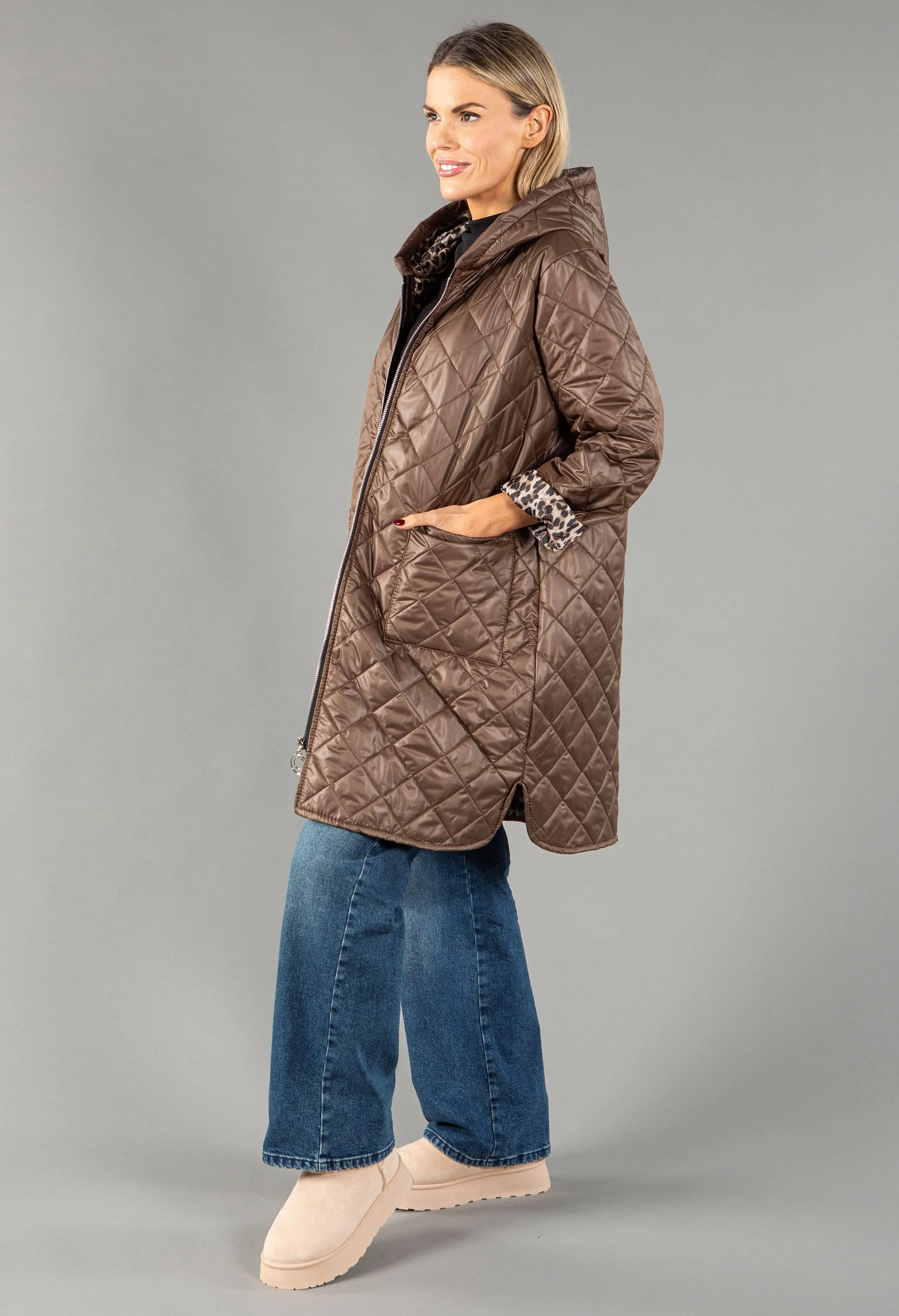 Quilted Coat with Leopard Lining