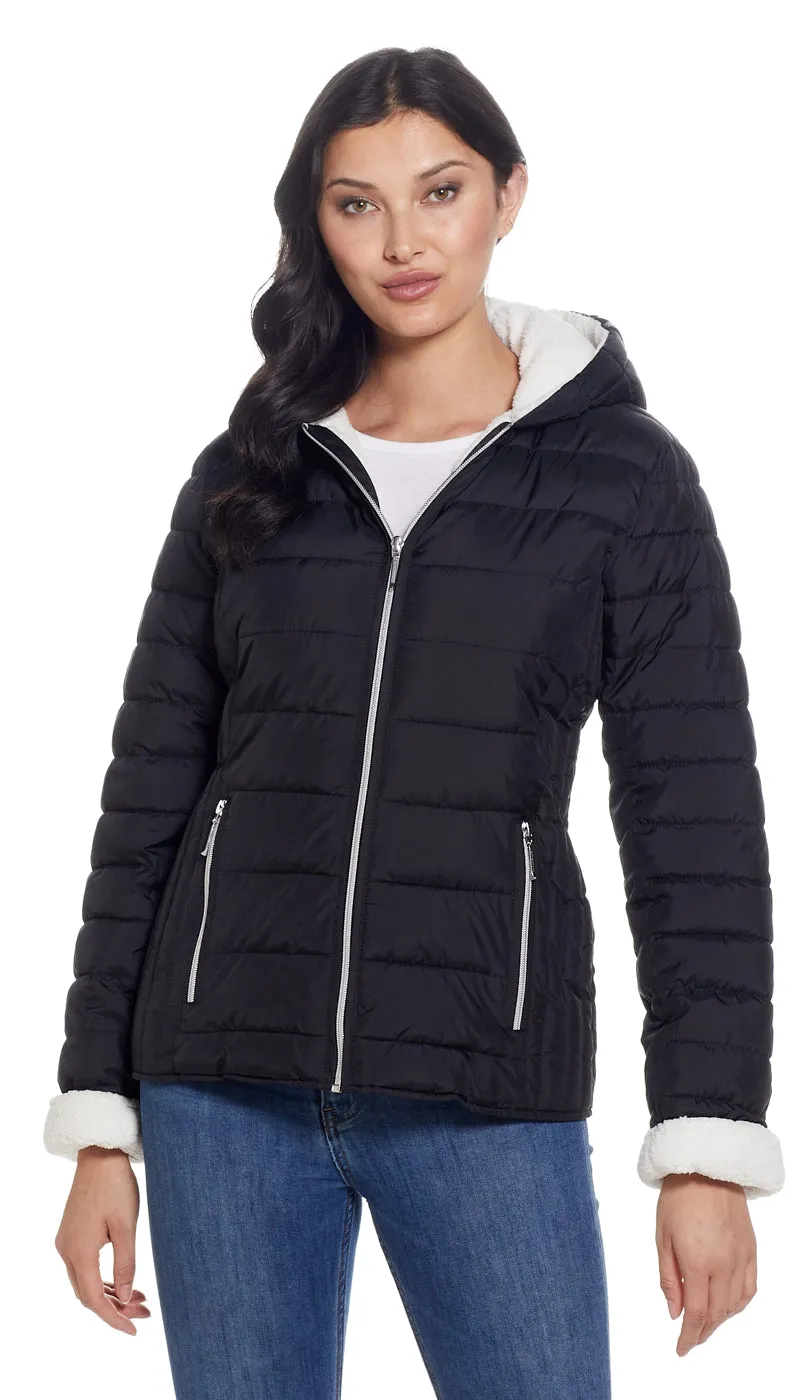 QUILTED PUFFER COAT WITH COZY FLEECE LINING