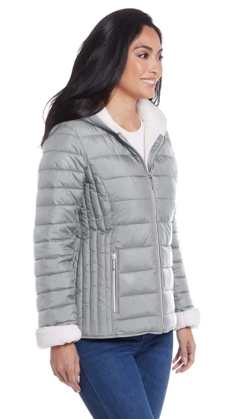 QUILTED PUFFER COAT WITH COZY FLEECE LINING