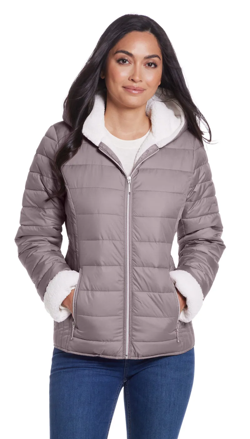 QUILTED PUFFER COAT WITH COZY FLEECE LINING