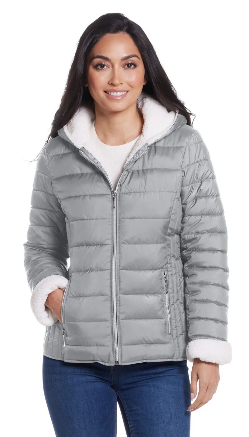 QUILTED PUFFER COAT WITH COZY FLEECE LINING