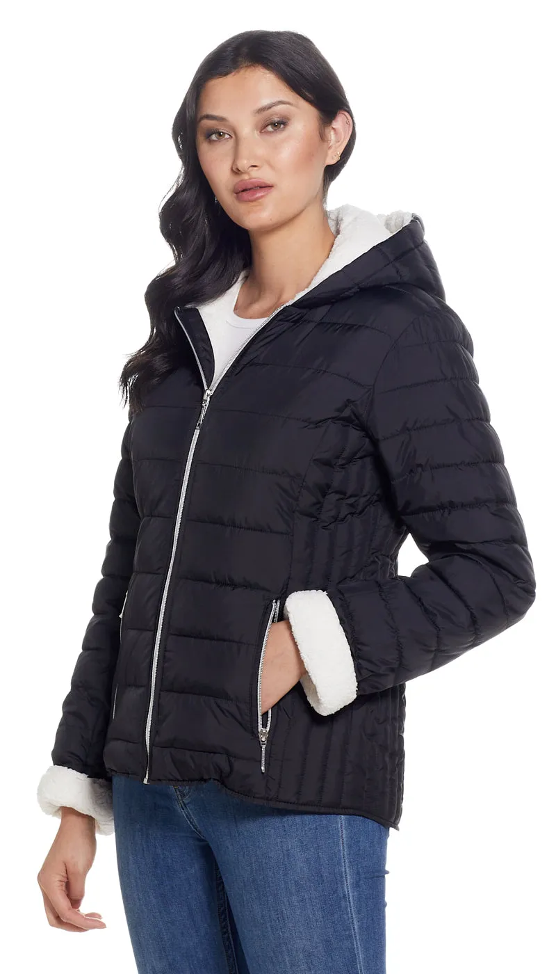 QUILTED PUFFER COAT WITH COZY FLEECE LINING