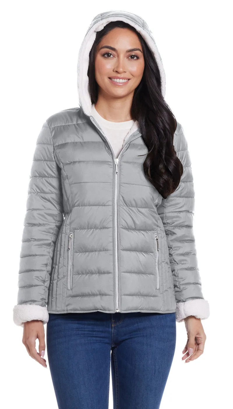 QUILTED PUFFER COAT WITH COZY FLEECE LINING