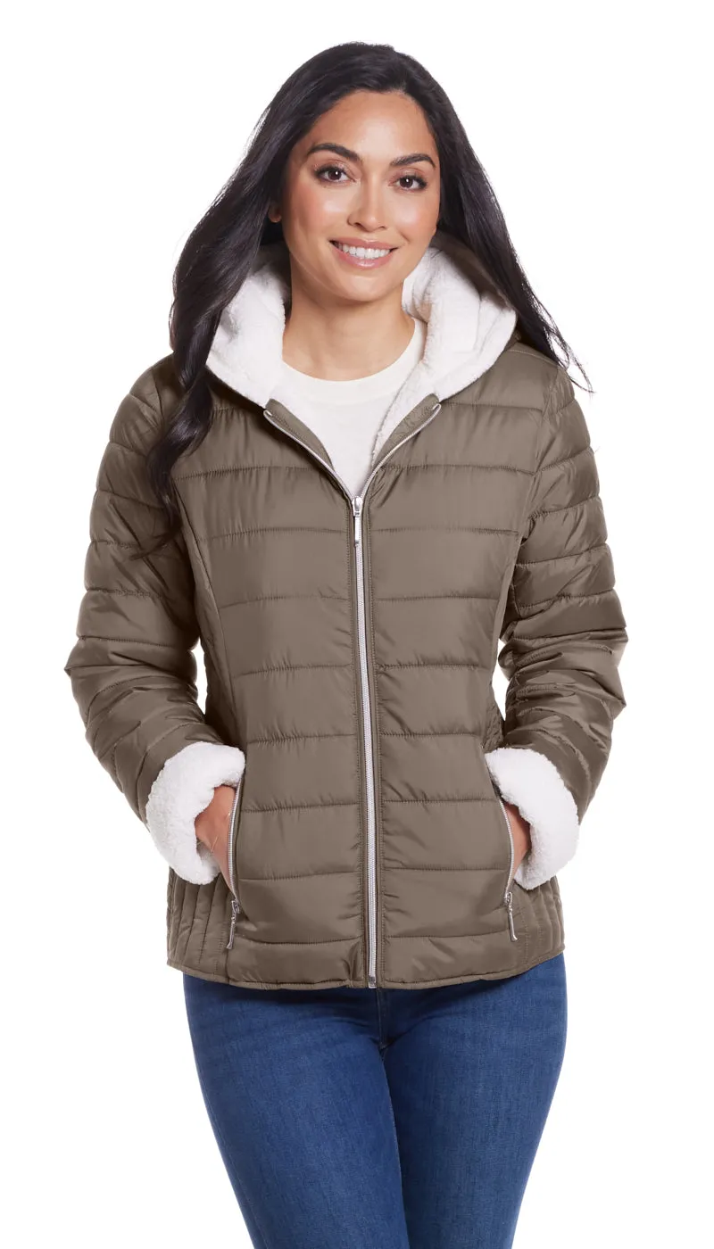 QUILTED PUFFER COAT WITH COZY FLEECE LINING