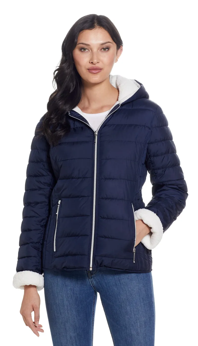 QUILTED PUFFER COAT WITH COZY FLEECE LINING