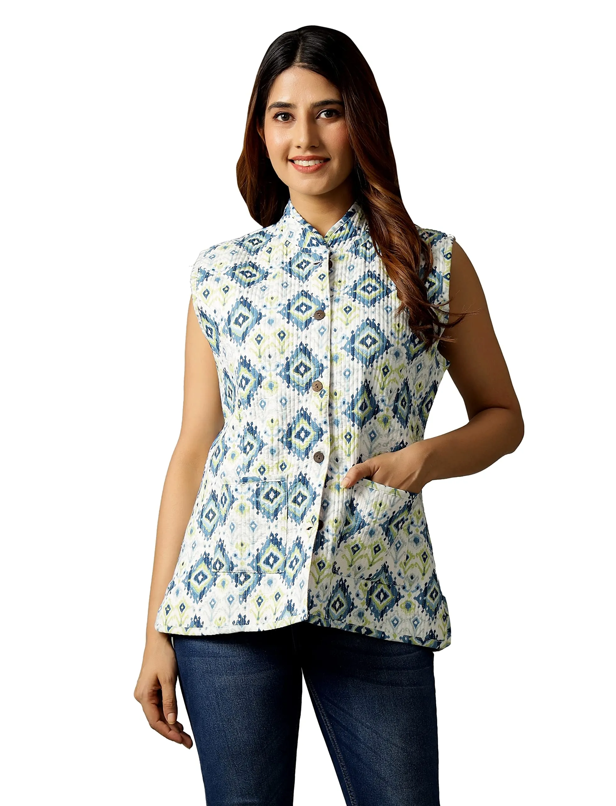 Ravaiyaa - Attitude is everything Women's Floral Printed Reversible Quilted Jacket Coat Blazer Jacket Sleeve less Waistcoat (White Blue Ikat, XX-Large)