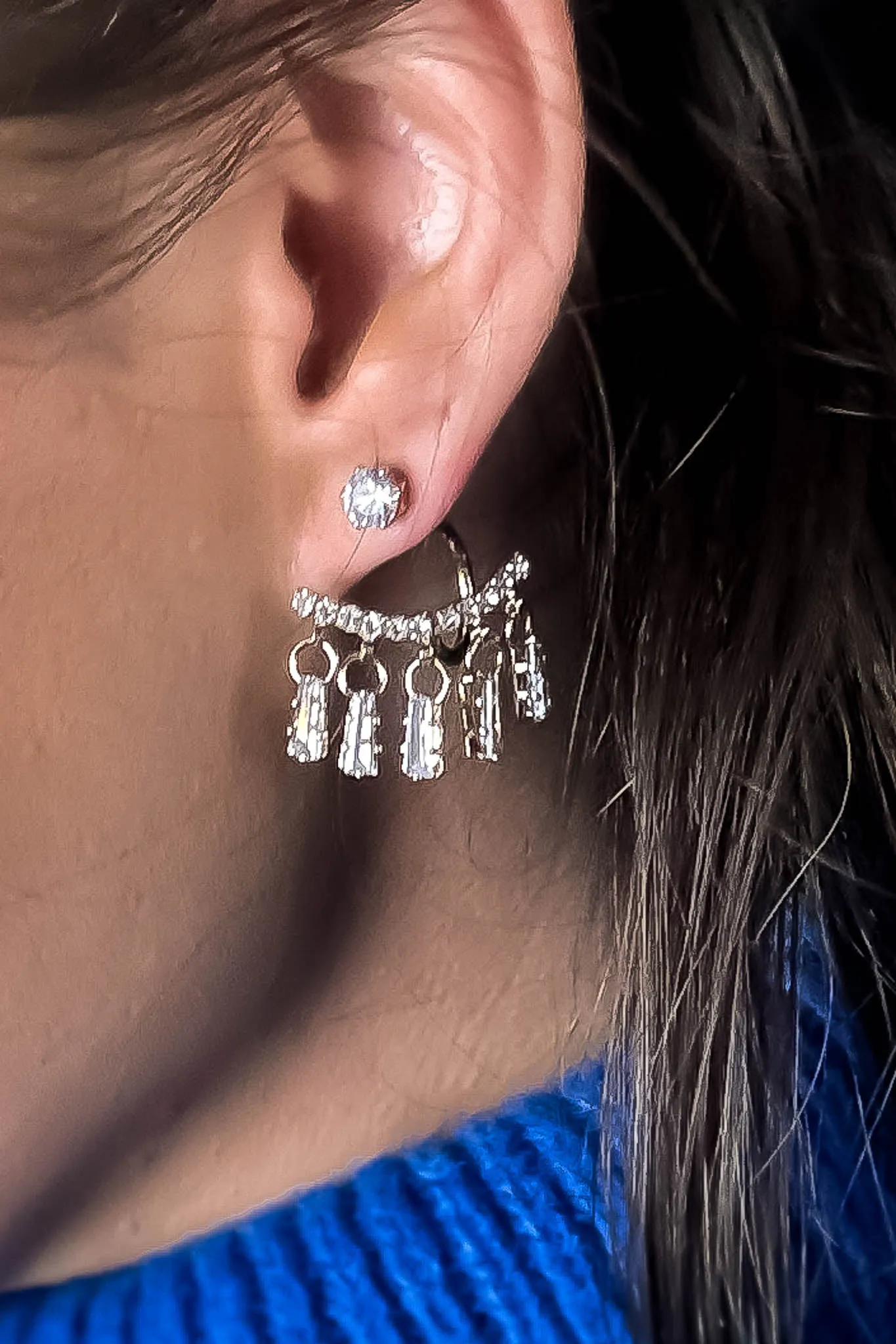 Rhinestone Diamond Stud with Drop Ear Jacket Earrings