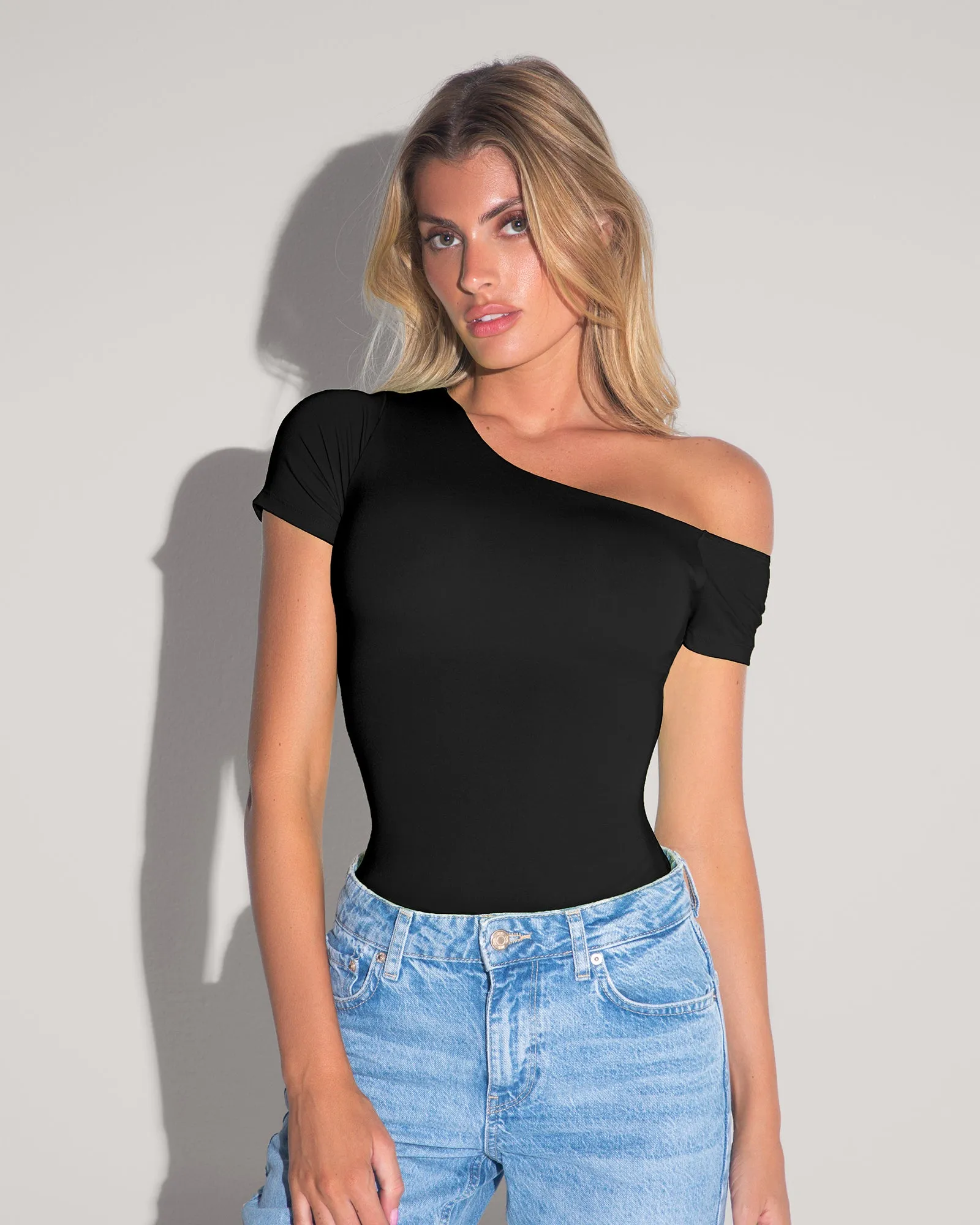 Shapey Short Sleeve One Shoulder Top - Black