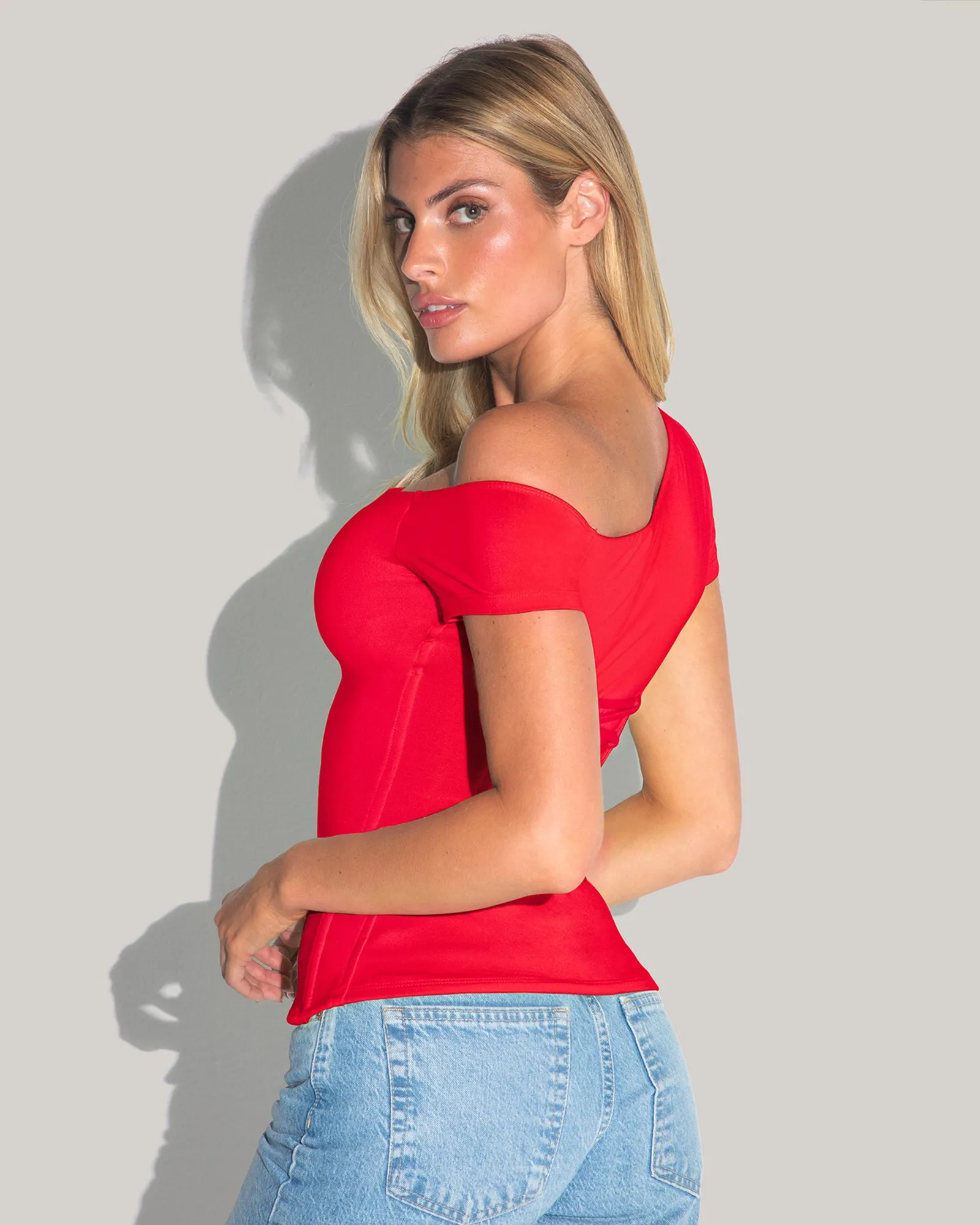 Shapey Short Sleeve One Shoulder Top - Red