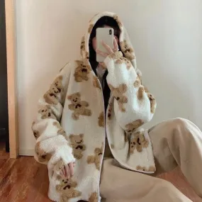 Sherpa Zip-Up Jacket With Teddy Bear Pattern