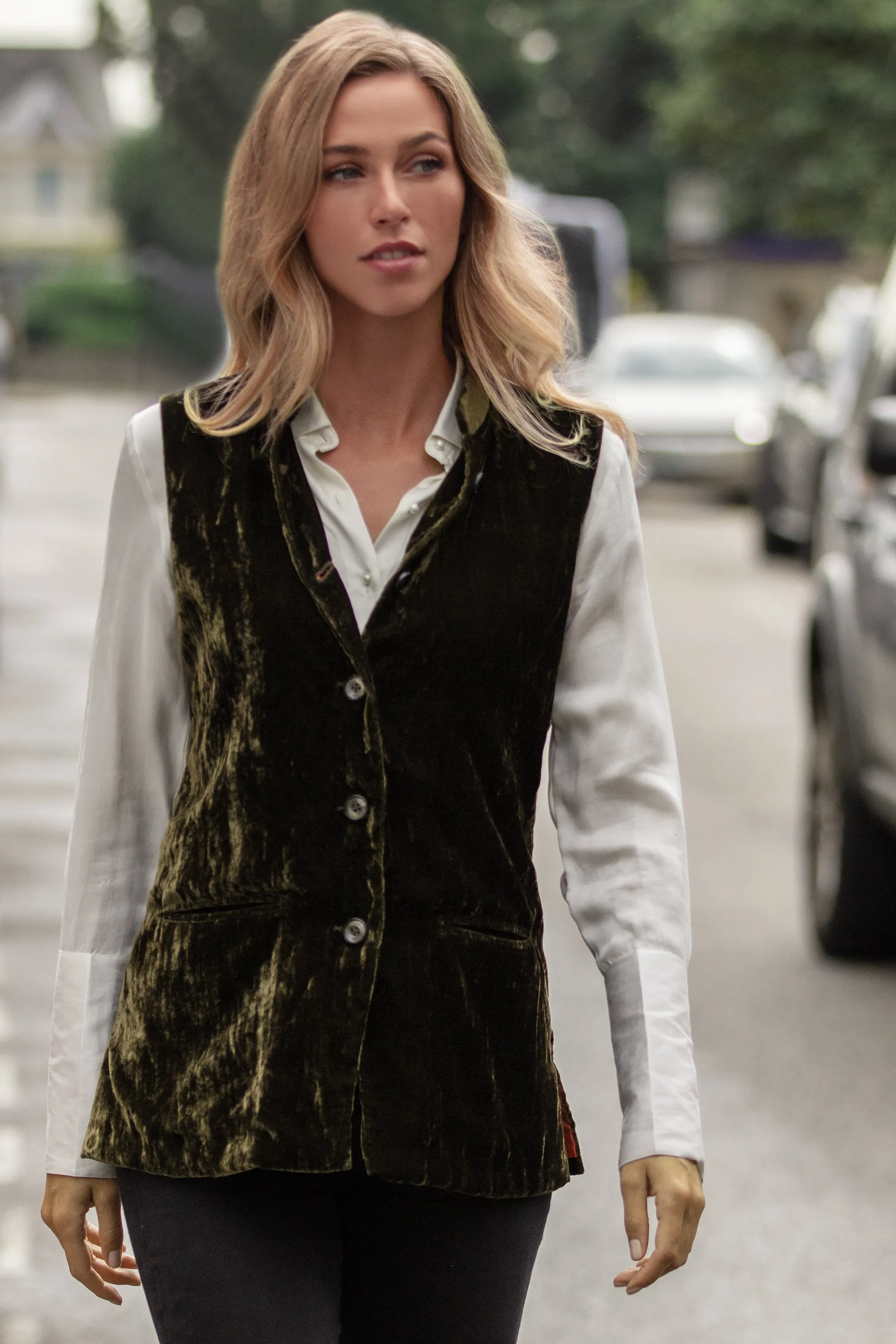 Short Silk Velvet Waistcoat In Olive Green