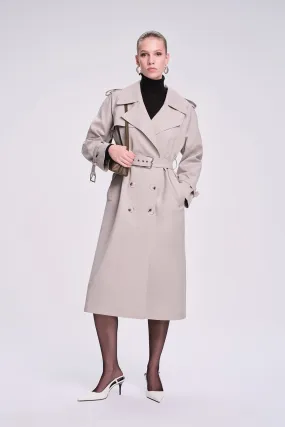 Slim Fit Shine Cotton Blend Light Khaki Long Coat