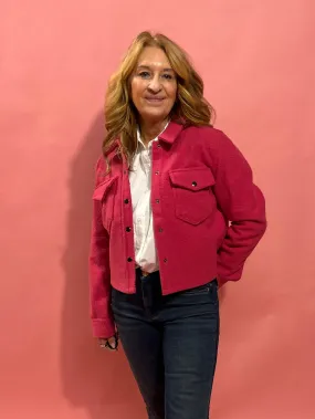 Stacey Snap Button Down Teddy Jacket in Fuchsia