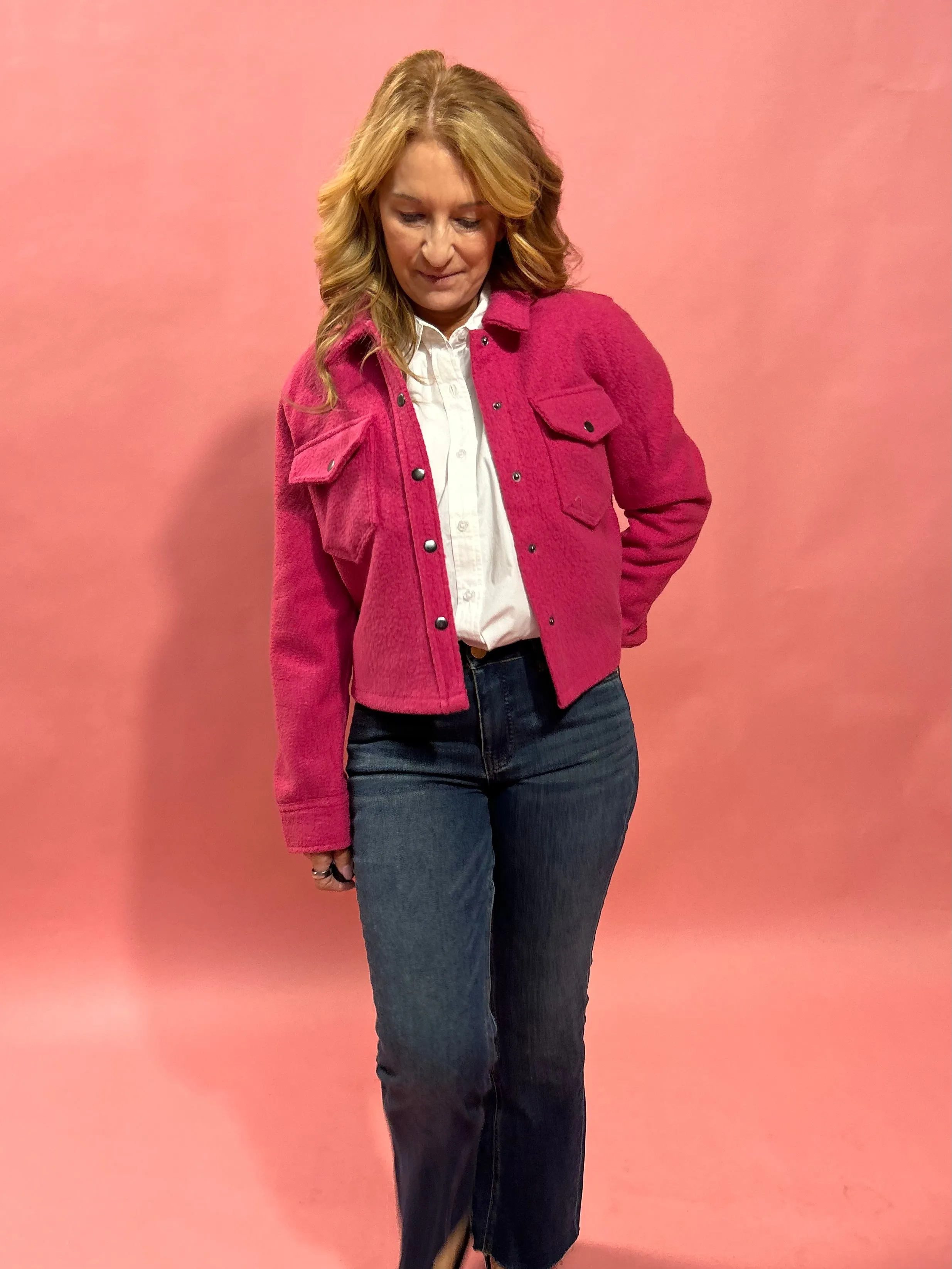 Stacey Snap Button Down Teddy Jacket in Fuchsia