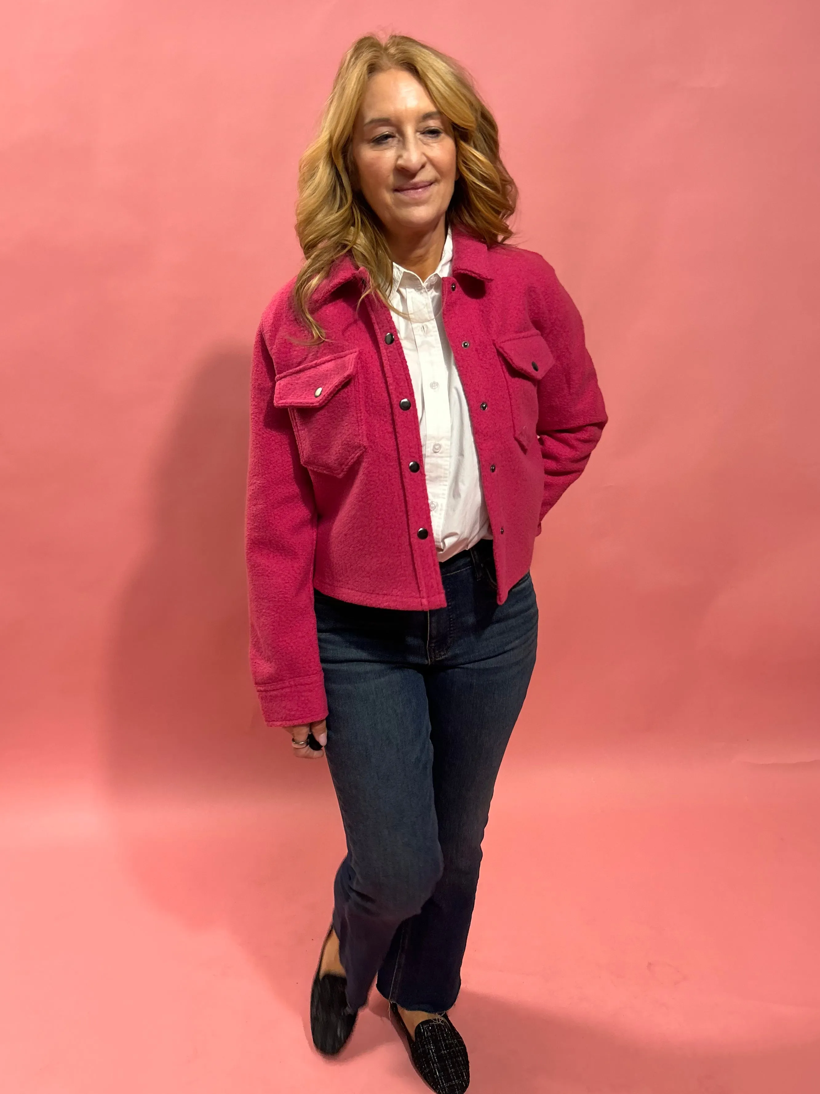 Stacey Snap Button Down Teddy Jacket in Fuchsia