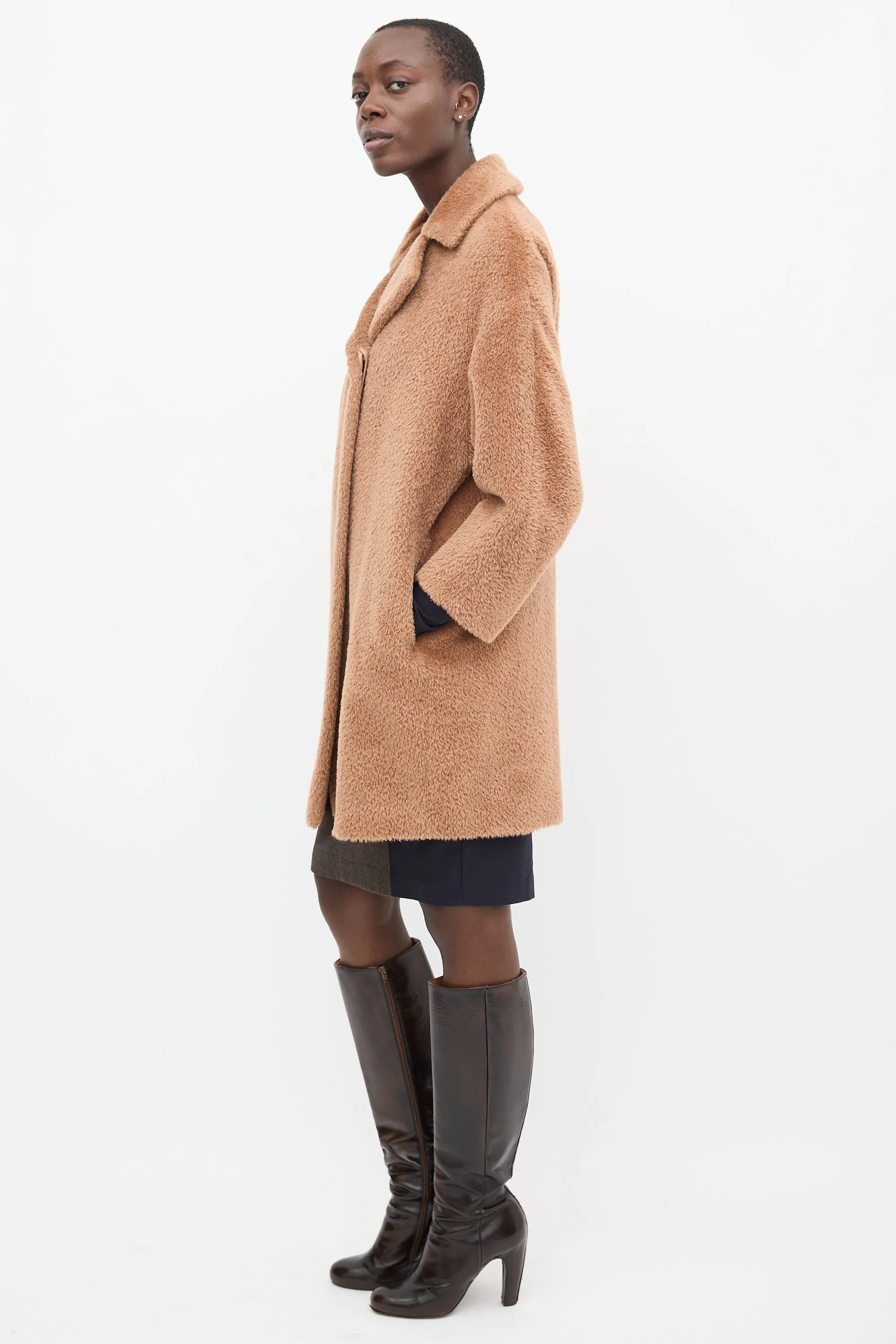 Studio Brown Wool Mid Length Teddy Coat