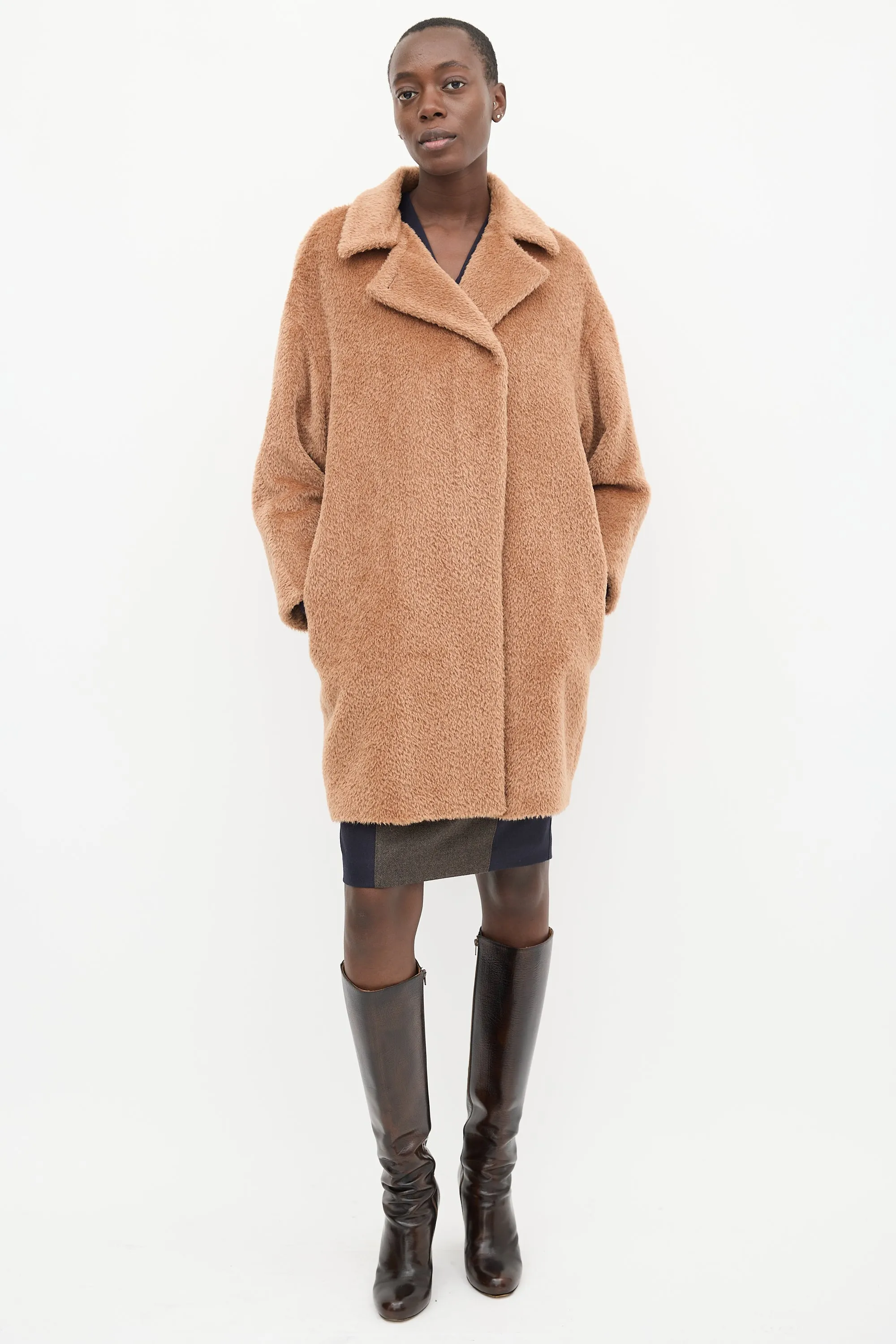 Studio Brown Wool Mid Length Teddy Coat