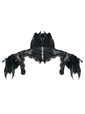 Victorian Gothic Black Feather High Neck Cape Sheer Floral Mesh Corset Shrug