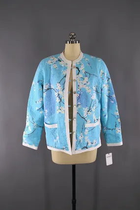 Vintage 1980s Cotton Kantha Quilted Jacket / Reversible Blue Cherry Blossom / White Eyelet