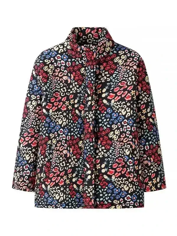 Wenkouban-Winter outfits Christmas Black Friday Stand Collar Colorful Flower Print Warm Zipper Quilted Jacket