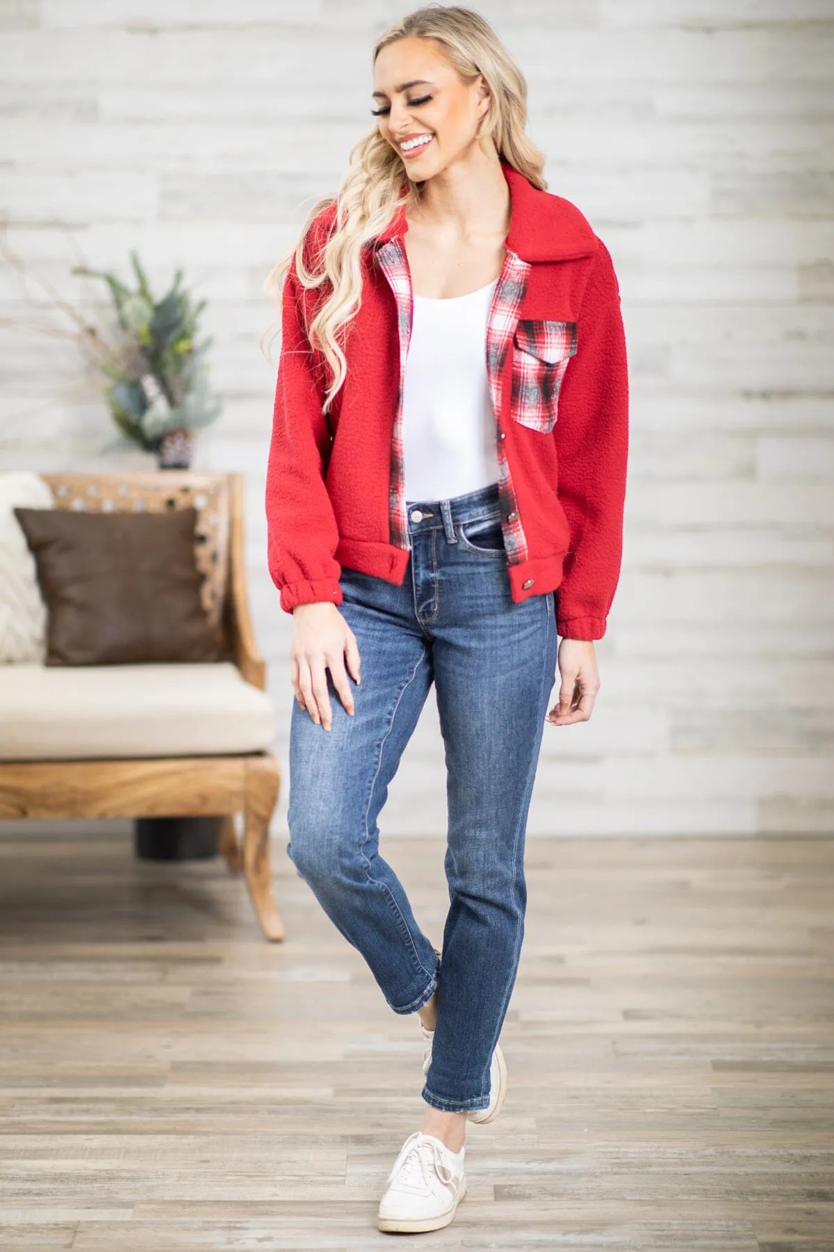 Wine Sherpa Jacket With Plaid Trim