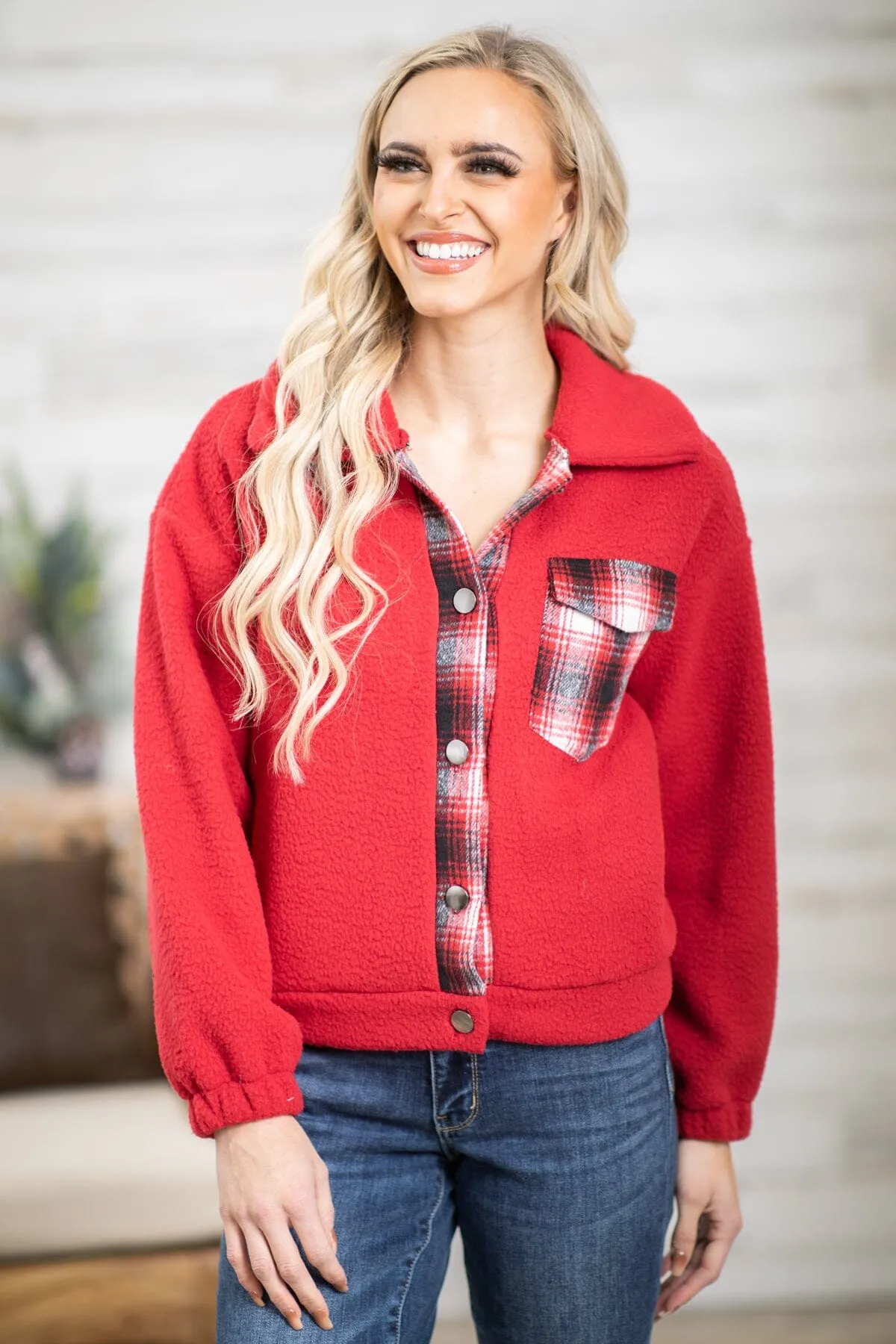 Wine Sherpa Jacket With Plaid Trim