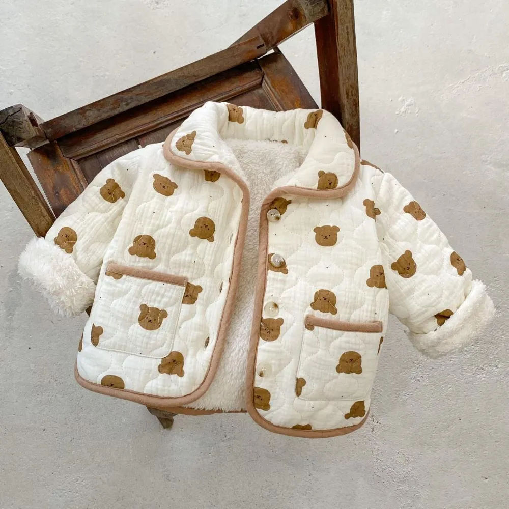 Winter Print Cute Bear Thickened Padded Jacket Baby Quilted Plus Velvet Coat Wholesale Baby Clothes