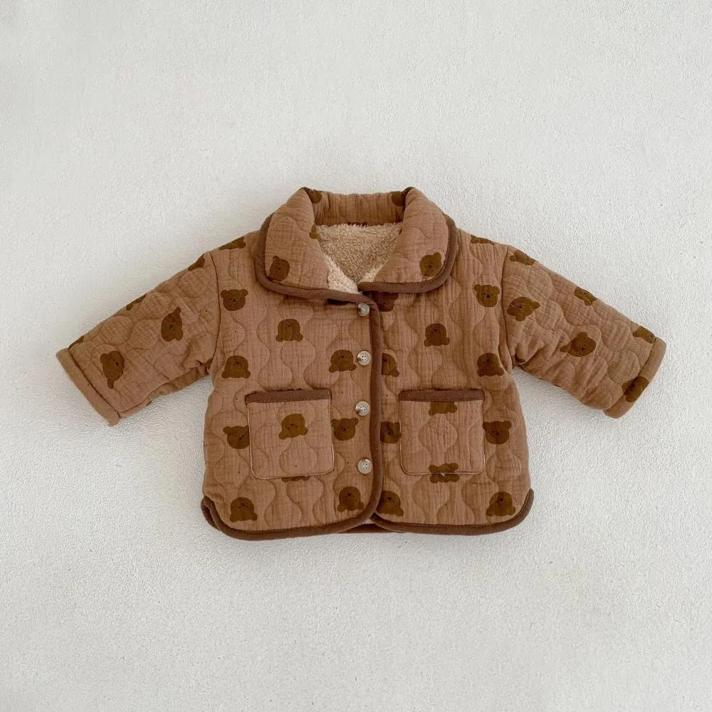 Winter Print Cute Bear Thickened Padded Jacket Baby Quilted Plus Velvet Coat Wholesale Baby Clothes