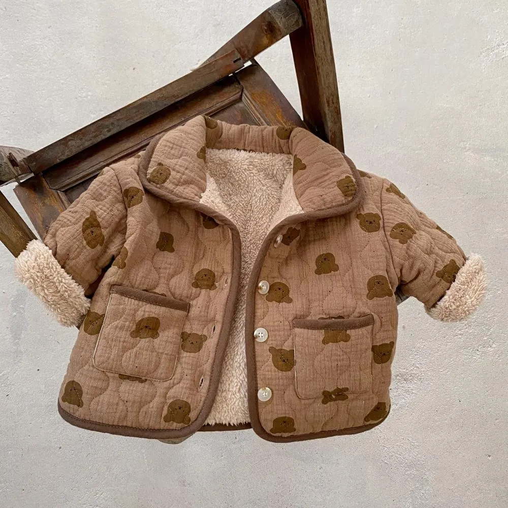 Winter Print Cute Bear Thickened Padded Jacket Baby Quilted Plus Velvet Coat Wholesale Baby Clothes