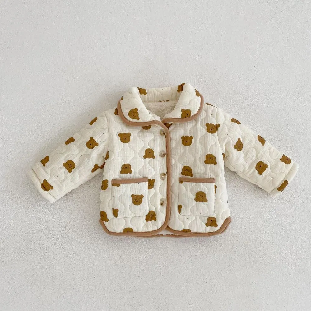 Winter Print Cute Bear Thickened Padded Jacket Baby Quilted Plus Velvet Coat Wholesale Baby Clothes