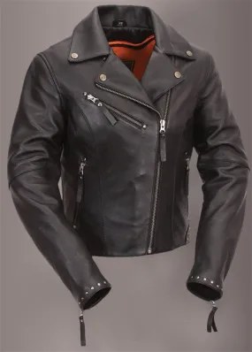 Women's Black Leather Moto Jacket with Studs