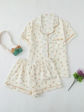 Women's Summer Sleepwear Set With Contrast Piping And Small Floral Print, Including Button Down Short Sleeve Top And Shorts With Bow, Suitable For Home Wear