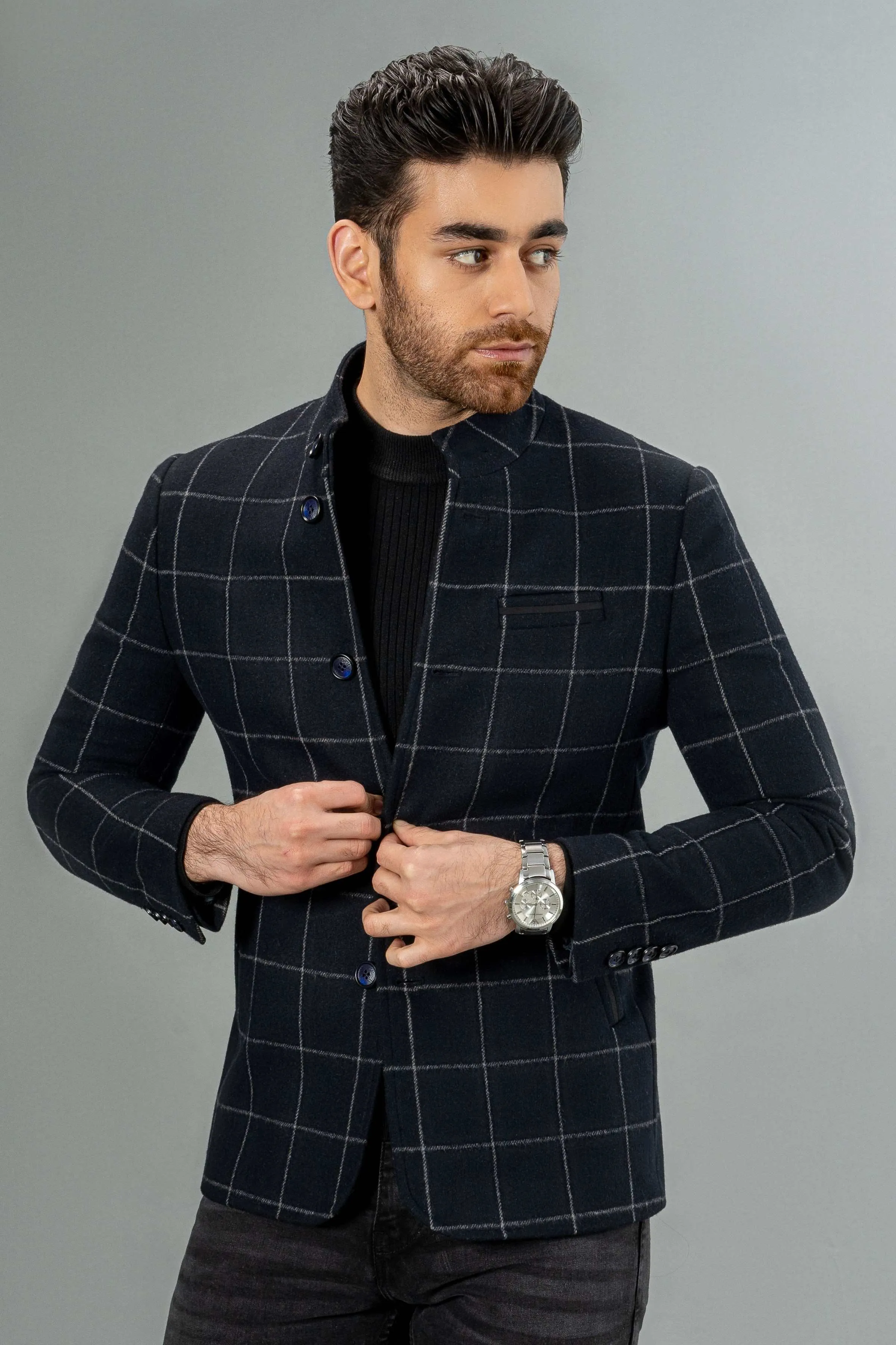 WOOLEN CASUAL COAT NAVY CHECK