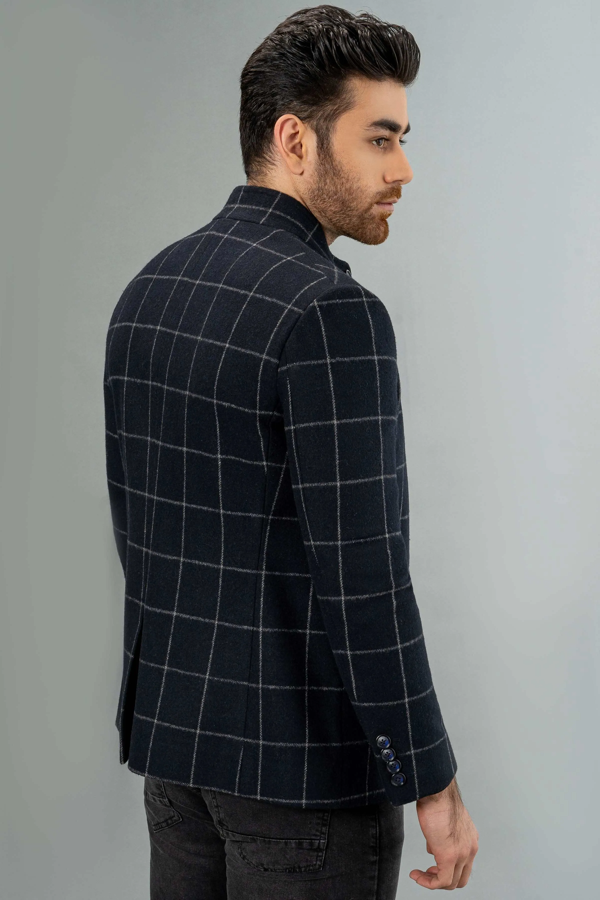 WOOLEN CASUAL COAT NAVY CHECK