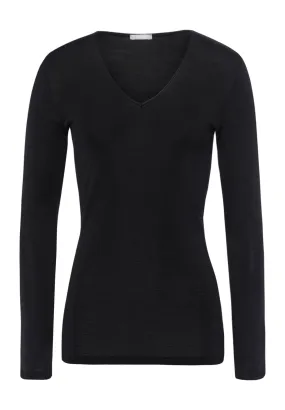 Woolen Silk W Wool And Silk V-Neck Fitted Top | Black 71418-018